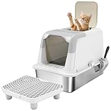 PawHut Stainless Steel Litter Box, Extra Large Enclosed Cat Litter Box with Front-Entry and Top-Exit, Scoop, Deodorizer Bag, Sand Drop Pedal, Anti-Urine Leakage, Non-Sticky and Easy to Clean
