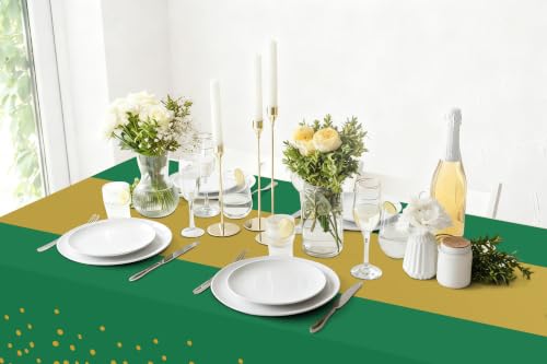 Image of Smiry Plastic Table Cloth Disposable 4 Pack, 54 x 108 Inch Rectangle Waterproof Tablecloth, Printed Gold Table Runner Style for Birthday Weeding, Party Decorations, Sturdy, Christmas Green and Gold