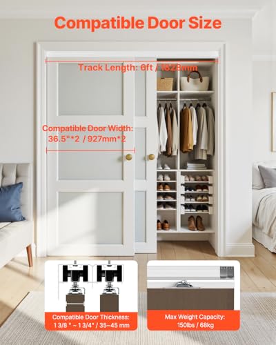 Image of VEVOR Bypass Door Hardware, 6ft Heavy Duty Bypass Sliding Door Hardware Kit, Aluminum Alloy Sliding Closet Door Hardware Set for 2 Door System, Fit Door Thickness 1 3 /8 inch - 1 3 /4 inch, Easy to Install