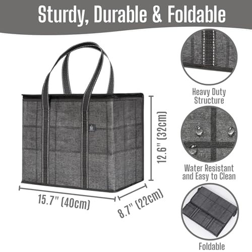 Image of 2 Pack Insulated Reusable Grocery Bag with Cardboard Bottom by VENO, Durable, Heavy Duty, Large Size, Stands Upright, Collapsible, Sturdy Zipper, Recycled Material, Eco-Friendly (Black /Windowpane)