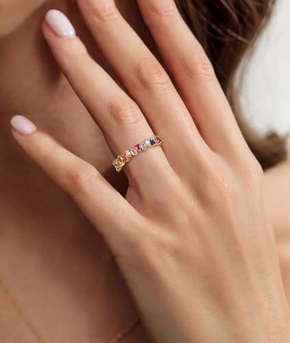 Rainbow Eternity Ring for Women Princess Cut Cubic Zirconia Colorful Stackable Promise Engagement Wedding Band for Her Size 5-104
