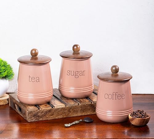 Image of Metallure Home Stylish Airtight Container Set | Sugar Tea Coffee Container Set of 3 | Metal and Wood Lid Canister for Kitchen Storage | Food-Safe Jar Set for Kitchen (Mocha Mousse)