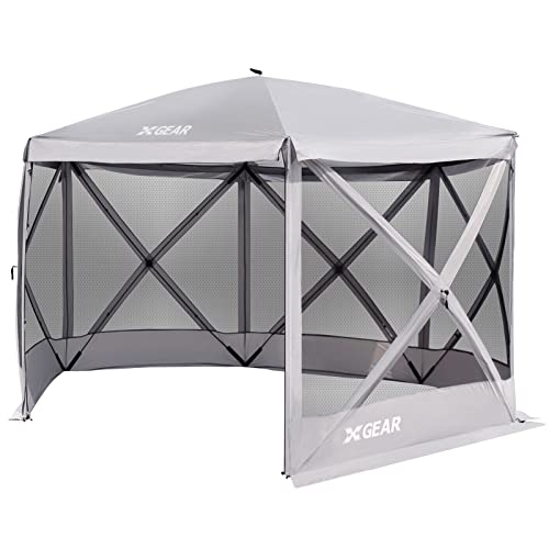 XGEAR 6 Sided Pop Up Camping Gazebo 11.5’x11.5’ Instant Canopy Tent Sun Shelter Screen House with Mosquito Netting, for Patio, Backyard, Outdoor,Grey 