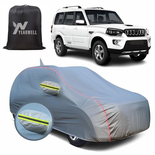 Image of Car Body Cover for Mahindra Scorpio N, 100% Waterproof, Heat-Resistant with Mirror & Antenna Pockets, Soft Cotton Lining, Triple Stitched, Green Reflector (Metallic Grey)