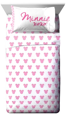 Image of Disney Minnie Mouse Twin Comforter Set 5 Piece Kids Cartoon Bedding, White | Bed in a Bag, Comforter Sheets Sham Pillowcase, Official Brand, Soft Microfiber, Machine Washable, Easy Care, Girls Gift