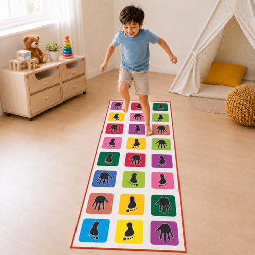 Image of Amazon Brand - Jam & Honey Jumbo Hopscotch Play Mat for Kids 4+ Years, Stapu Kith Kith Game Mat with Hand & Foot Prints, Indoor Outdoor Floor Play Mat, BIS Certified Safe