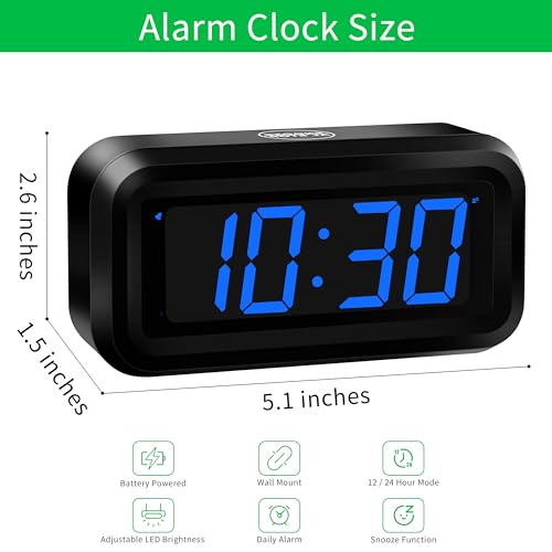 Image of KWANWA Small Digital Alarm Clock, 1.2inch Dark Blue LED Digits, Adjustable Brightness, Dim Night Model, 12H /24H, Battery Operated, Wall Mount, Snooze, Clock for Kids Bedroom, Small Travel Clock