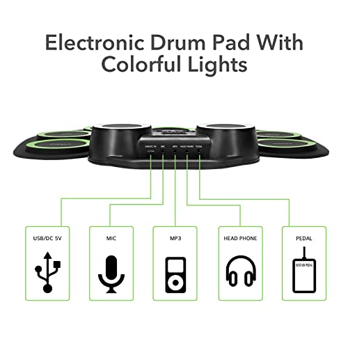 Electronic Drum Kit 9 Pads Roll-Up Practice Drum Set With Colorful Lights For 8H Playing With Built-In Speaker, Headphone, Usb Midi Jack For Kids, Teens, And Adults Beginner, Best Birthday Gift #TOP2