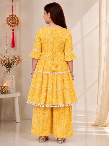 Image of Preneum Girl's Cotton Rayon Bandhani & Lahariya Printed Angrakha Kurta with Sharara & Dupatta