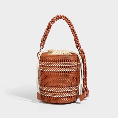 HOKMAH Woven Bucket Bag for Women, Chic Drawstring Shoulder Purse Large Capacity Boho Crossbody Bag for Summer Vacation (Brown)