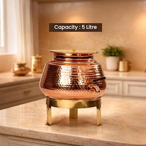 Image of Artarium Hammered Pure Classic Copper Water Dispenser with Stand & Tap (5 litres), Copper Water Storage for Kitchen & Dining