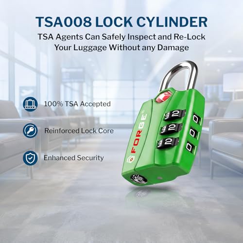 Image of Forge Open Alert TSA Approved Luggage Locks - 3 Digit Combination, Easy Read Dials, Zinc Alloy Body - Ideal Travel Lock for Luggage, Suitcases, Bags & Toolboxes (Green 4PK)