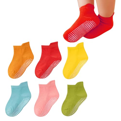 Image of MOMISY Girl Boys children Non Slip Regular Socks Cotton Stretch Anti skid Regular Socks-6 Pairs (AntiSkid-Light, 5 to 7 years), Multicolor