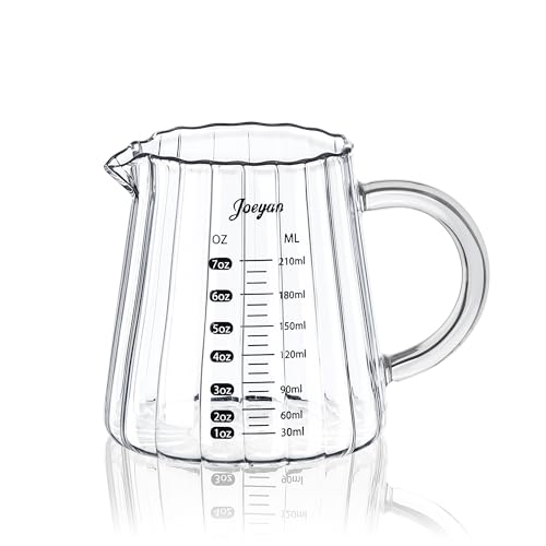 Joeyan 210ml/7oz Espresso Messbecher Glas mit Griff, Klein Coffee Measuring Cup mit Skala, Transparent Milchkännchen mit V-förmiger ausguss,Messgläser ml/oz für Cocktail Kaffee Matcha, Borosilikatglas