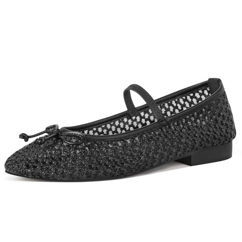 Mesh Ballet Flats for Women Woven Raffia Round Toe with Bow Ballerina Flats Mary Jane Slip On Ladies Casual Strap Dress Shoes