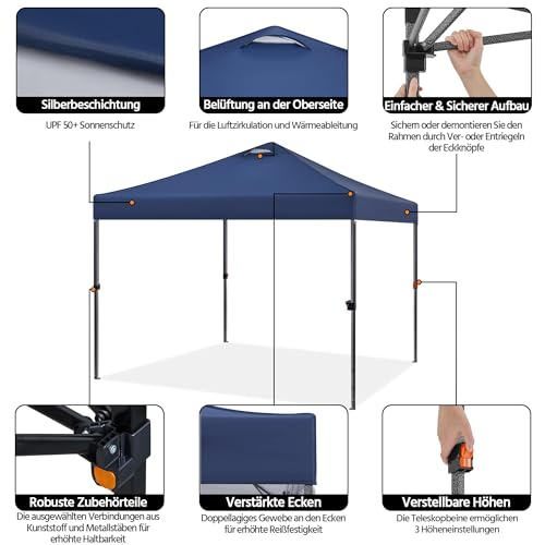Yaheetech 3x3m Faltpavillon Pavillon Wasserdicht Stabil, Höhenverstellbar Pop Up Faltzelt inkl.Tasche & 4 Sandsäcke, UV-Schutz 50+ Campingpavillon Partyzelt für Garten Camping, Navy Blau