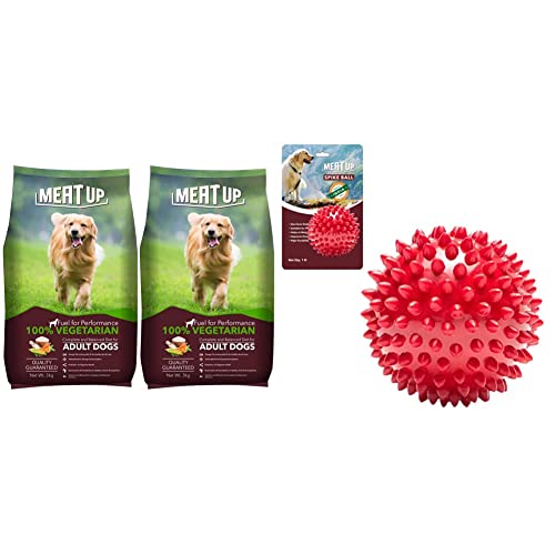 Image of Meat Up 100% Veg Adult Dry Dog Food, 3kg (Buy 1 Get 1 Free)&Meat Up Non-Toxic Rubber Stud Spike Hard Ball Chew Toy, Puppy /Dog Teething Toy - 3 inches