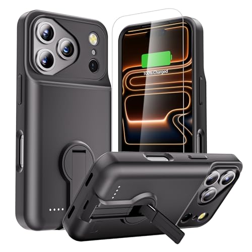GIN FOXI for iPhone 17 Pro Battery Case with Stand Charging Case Charger 8500mAh Ultra-Slim Lightweight Powerful Battery Pack 15W Fast Rechargeable Anti-Fall TPU Juice Box (6.3) Black