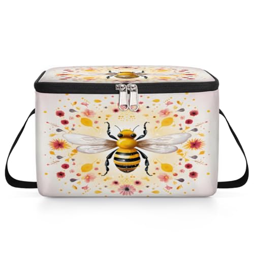 GzLeyigou Honeybee Floral Lunch Bags for Women Men 9 Cans, Hot & Cold Food Delivery Bag Insulated Grocery Bag Insulated Lunch Box Honeybee Cooler Bag for Office Work Picnic Beach