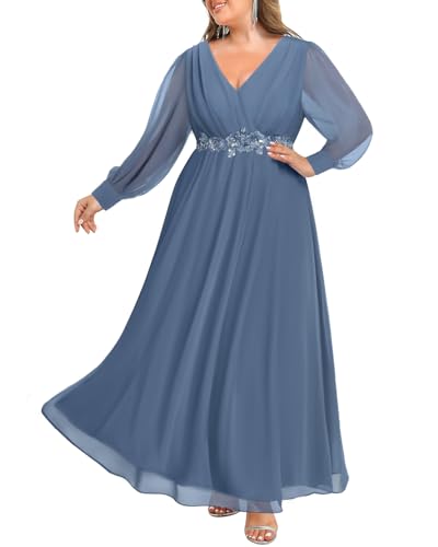 Image of Pinup Fashion Women Plus Size Formal Dresses - Long Sleeve Evening Gown Applique Chiffon Maxi Dress