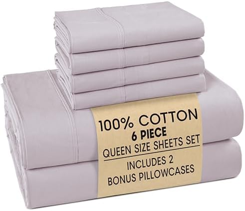 Casa Platino 100% Cotton Queen Size Sheets – Crisp Percale Sheets Queen with 4 Pillowcases, with 15" Deep Pocket Sheet for Secure Fit, Ultra Soft & Cozy, Excellent Quality & Fit – Grey Lavender - Thumbnail 4