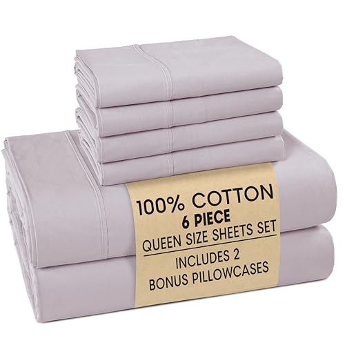 Casa Platino 100% Cotton Queen Size Sheets – Crisp Percale Sheets Queen with 4 Pillowcases, with 15" Deep Pocket Sheet for Secure Fit, Ultra Soft & Cozy, Excellent Quality & Fit – Grey Lavender