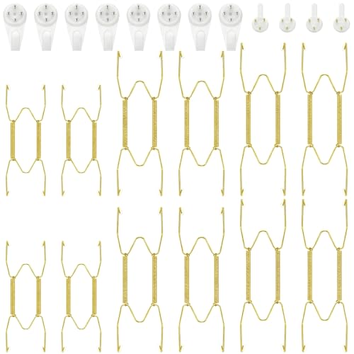Image of Hotop 12 Pieces Plate Hangers for Wall Stainless Steel Wire Invisible Heavy Duty Plate Hangers Display Holders with 12 Pieces Hooks for Wall Decorative(6 /8 /10 Inch,Gold)