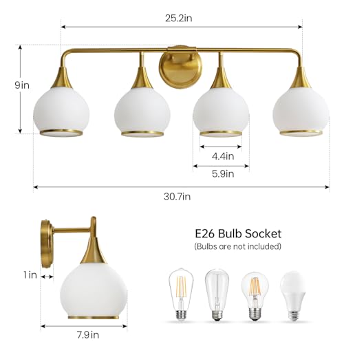 Image of Brass Gold Bathroom Light Fixtures 4-ights Vanity Lights with Milky White Frosted Glass Shade Bathroom Vanity Light 30.7 inch Wall Sconce Lighting Bath(Exclude E26 Bulb)
