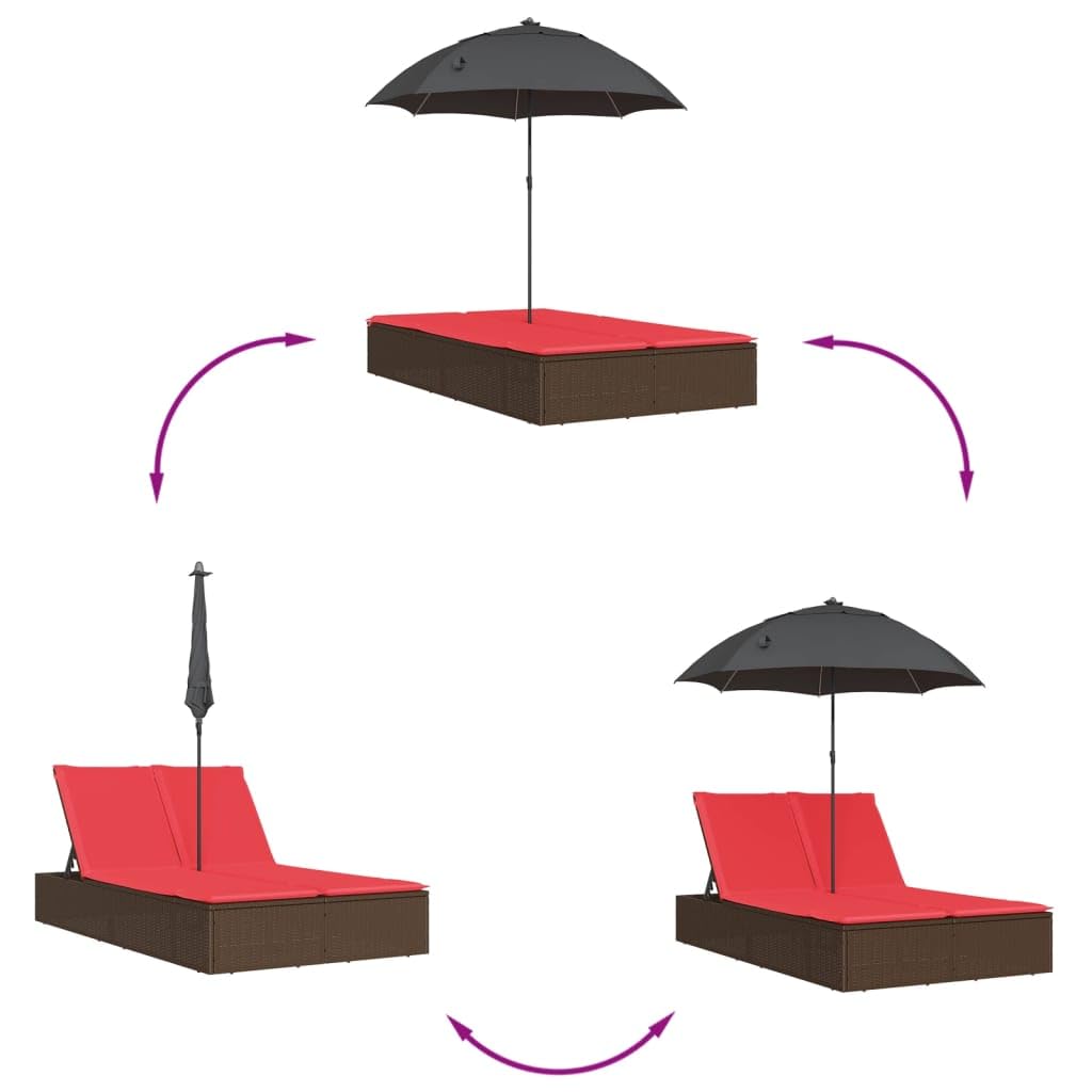 Chaise Longue Double en Résine Tressée Marron avec Parasol Rouge et Coussins Lavables - Lit de Jardin 2 Places avec Dossier Réglable pour Terrasse et Piscine - 200 x 164 x 176 cm