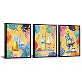 Biuteawal 3 Piece Chemical Science Wall Art Colorful Chemistry Explore Posters Picture Print for Classroom Funny Physics Painting Canvas Framed for Laboratory Kids Room Decor