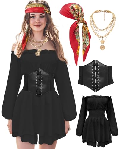 minkasic Women Pirate Costume Dress with Corset Accessories Long Sleeve