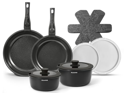 Alajivo Keramik Topfset mit Abnehmbarer Griff, 14-Teilig Pfannenset mit Antihaft Beschichtet, Topf Induktion Kochtopf Set mit Deckel,24/28cm Bratpfanne, für Alle Herdarten, Backofenfest, Ofenfest.