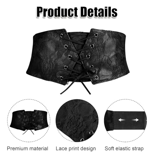 Corset Belt for Women, Black Wide Elastic Pirate Waist Corset Lace up Waspie Belt Lace Halloween Waist4