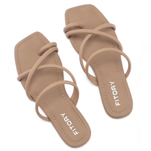 FITORY Women's Slide Sandals Toe Ring Thongs Cross Strappy Flat | Slip On Square Open Toe Cute Slides,Dressy Casual Shoes,Comfortable Cushioned Insole,Beach Flip Flops,Summer Vacation