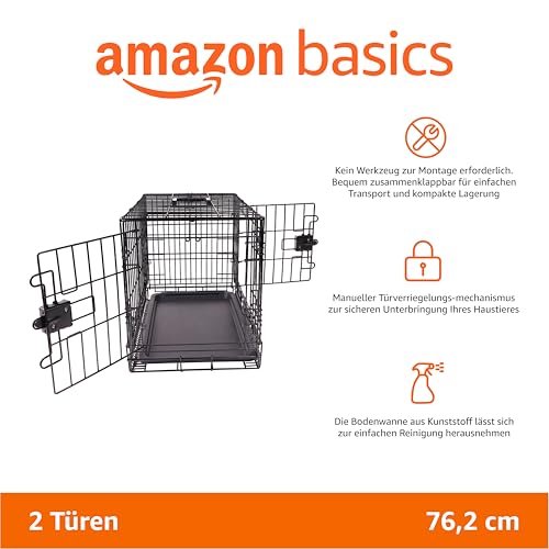 Amazon Basics Zusammenklappbarer Hundekäfig aus Metalldraht mit Bodenschale, Doppeltür, schwarz, L 76 x B 48 x H 53 cm