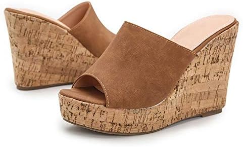 LEHOOR Cork Wedge Mules for Women Platform Slide Sandals Peep Toe, High Wedge 4.5Inch Slippers Microfiber Suede Tan 10 M US