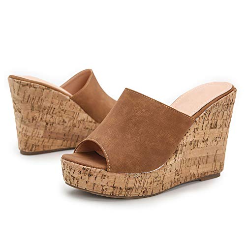 LEHOOR Cork Wedge Mules for Women Platform Slide Sandals Peep Toe, High Wedge 4.5Inch Slippers Microfiber Suede 6-11 M US