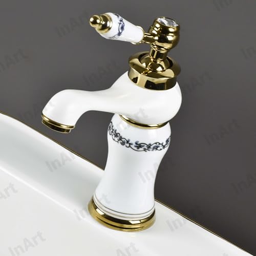 Image of InArt White Gold Glossy Finish Basin Pillar Cock Tap Faucet for Wash Basin, Hot & Cold Water Mixer, Single Handle, Waterfall Design, Table Mount /Deck Mount (Gold White)