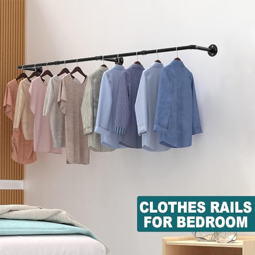 Lighterday Kleiderstange Wandmontage Metall Garderobenstange,Schwerlast Kleiderstange Wand Schwarz Kleiderstangen Industrial,Kleiderstange Decke für Kleiderstange für Schlafzimme (180cm)