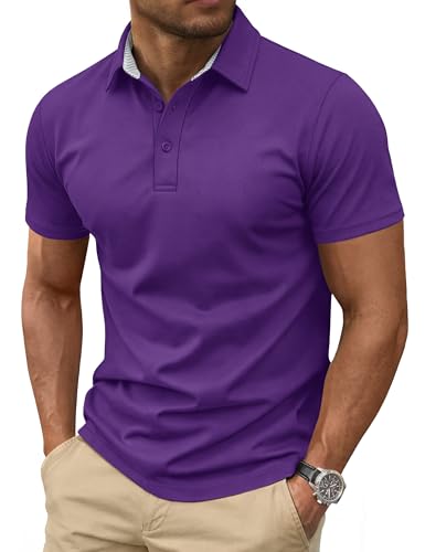 Cotrasen Mens Polo Shirts Short Sleeve Moisture Wicking Performance Cotton Pique 3 Buttons Classic Fit Casual Golf T-Shirt Breathable Athletic Shirts Purple L