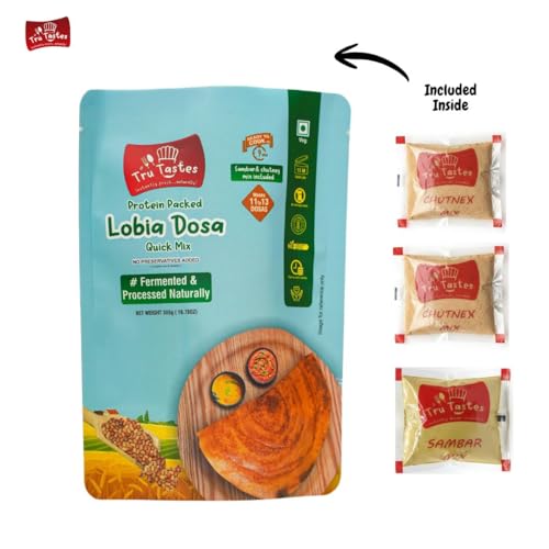 Image of Tru Tastes Lobia Dosa Quick Mix with Sambar,Chutney and Penut Chutney, Fermented and Processed Naturally, Complete Breakfast Kit, Can Make 13 Dosas