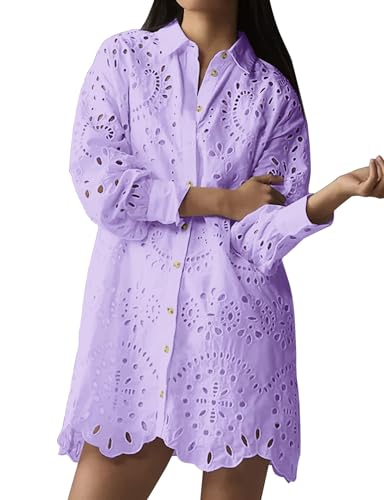 Image of CHARTOU Women Eyelet Lace Dress Button Down Shirt Loose Fit Summer Casual Mini Dress