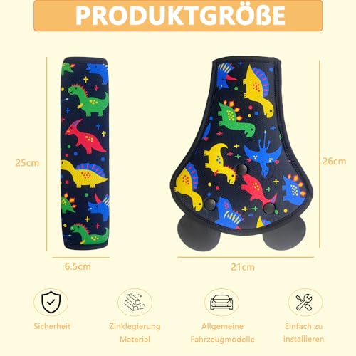 QUNXON Gurtpolster Kinder Set, Verstellbares Gurtpolster Auto, Taille Gurtpolster, Abnehmbarer Gurtschutz Kinder Auto, Schulterpolster Gurtschoner für mehr Komfort auf der Reise (Dinosaurier Schwarz)