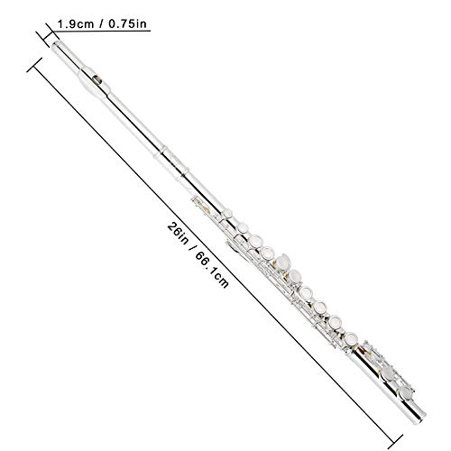 EASTROCK Silver Plated Flute Instrument for Beginner Kids Student，Closed Hole Flutes 16 Keys C Flute with Carrying Case,Stand，Cleaning kit，Gloves，Tuning Rod(Silver Plated)