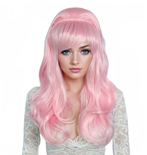 Image of Linfairy Long Wavy Pink Wig Big Bouffant Beehive Wigs for Women fits 50s 80s Costume
