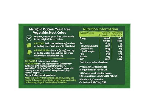 Marigold Organic Vegan Bouillon Vegetable Stock Cubes – Yeast Free, Gluten Free, Instant Flavour Booster – 8 Cubes