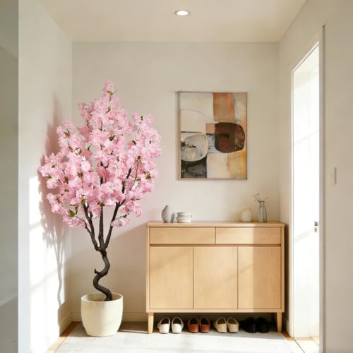 Image of BINCUE Artificial Pink Cherry Blossom Tree Fake Tree Cherry Blossom Decor Fake Flowers Faux Flowering Tree Pink Flowers Floral Artificial Plants for Indoors Outdoors Room Home Decor Gift 6FT