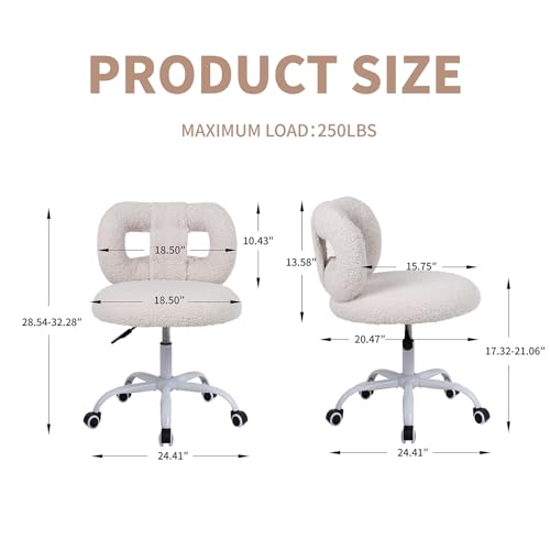 Image of Modern Faux Cashmere Home Office Chair, Height Adjustable Desk Chair with Back and Wheels for Living Room, Swivel Make-up Vanity Armless Chairs for Girls and Women (1, Cream)