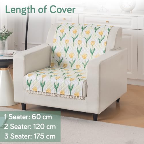 Image of HOKIPO Tulip Blossom Quilted Sofa Cover for 1 Seater with Tassels for Seat & Back, 'Tassel Twigs' Series (IN-989-T4)
