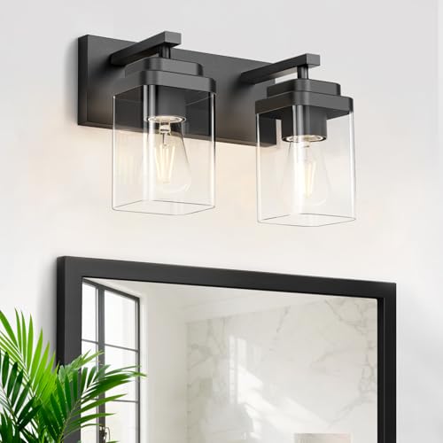 Image of Black Bathroom Light Fixtures, 2 Lights Bathroom Lighting Fixtures Over Mirror, Square Design & Rectangle Large Backplate, Modern Vanity Lighting Fixtures, for Bathroom /Living Room /Bedroom